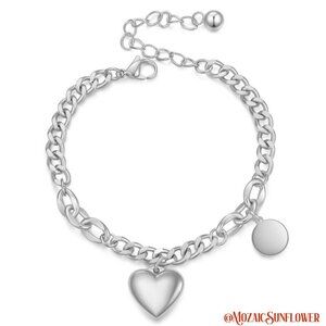 316L Stainless Steel Silver Cuban Chain Heart Charm Bracelet Hypoallergenic NWT